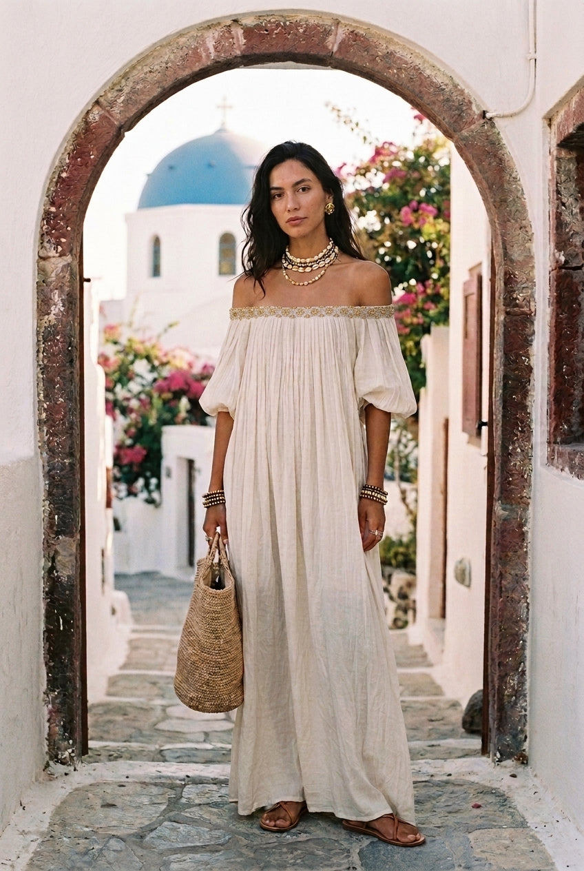 Ivory off-shoulder pleated long dress with embroidered trim at neckline
