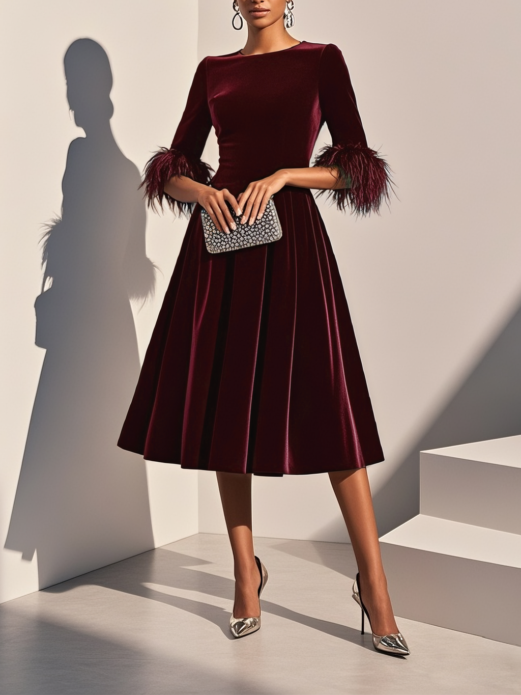 Burgundy velvet midi A-line dress, round neckline, feather-trimmed short sleeves