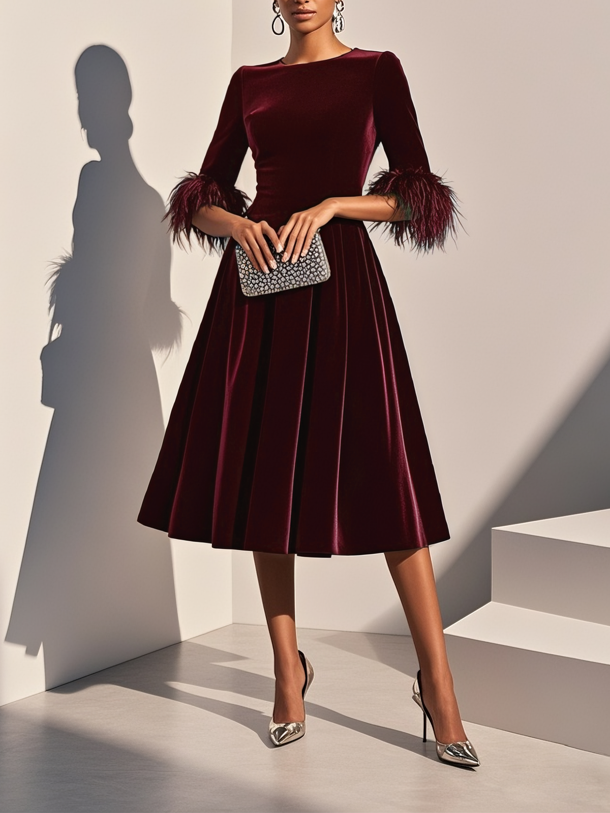 Burgundy velvet midi A-line dress, round neckline, feather-trimmed short sleeves