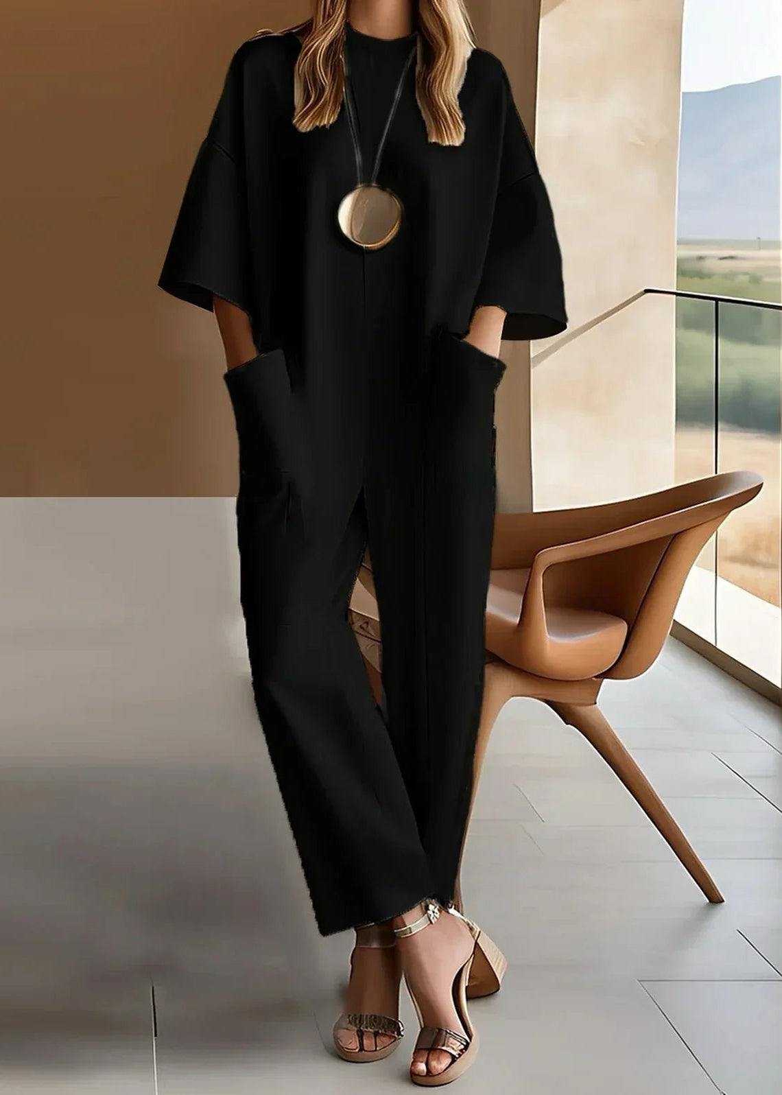 Emmy™ elegant short-sleeve jumpsuit in black, wide-leg loose fit, short sleeves