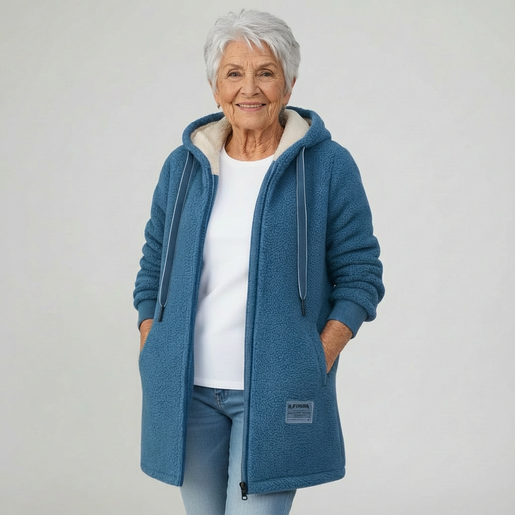 Blue zip-up hooded fleece jacket with drawstring, side pockets, and patch logo