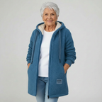 Blue hooded fleece jacket, full-zip front with drawstring and side pockets