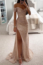 Champagne sequin off-shoulder slit dress with fitted bodice and front leg split