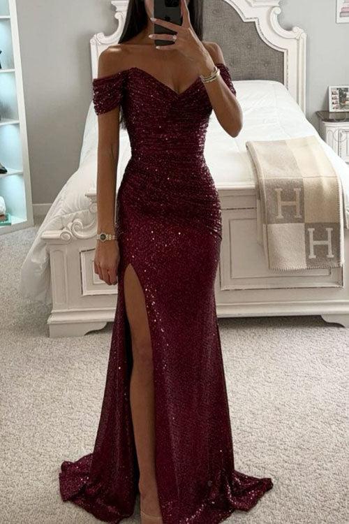 Wine red sequin off-shoulder slit evening dress with fitted waist and thigh-high split