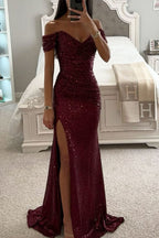 Wine red sequin off-shoulder slit evening dress with fitted waist and thigh-high split