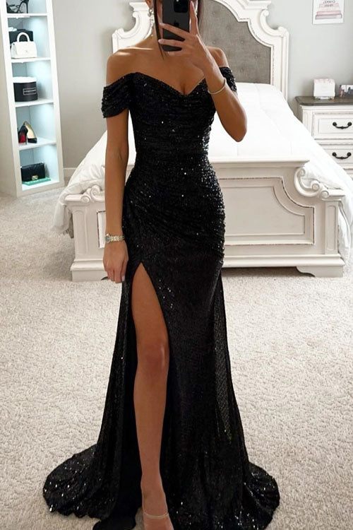 Black sequin off-shoulder slit evening dress with fitted bodice and front leg split
