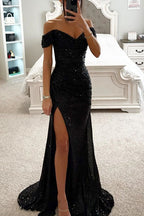 Black sequin off-shoulder slit evening dress with fitted bodice and front leg split