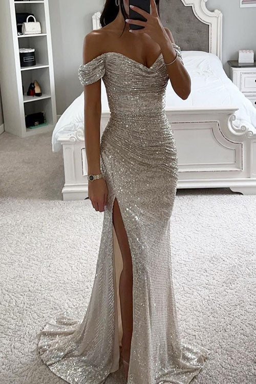 Champagne sequin off-shoulder slit dress with sweetheart neckline and long front split