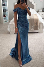 Peacock blue sequin off-shoulder slit evening dress with fitted bodice and front leg split