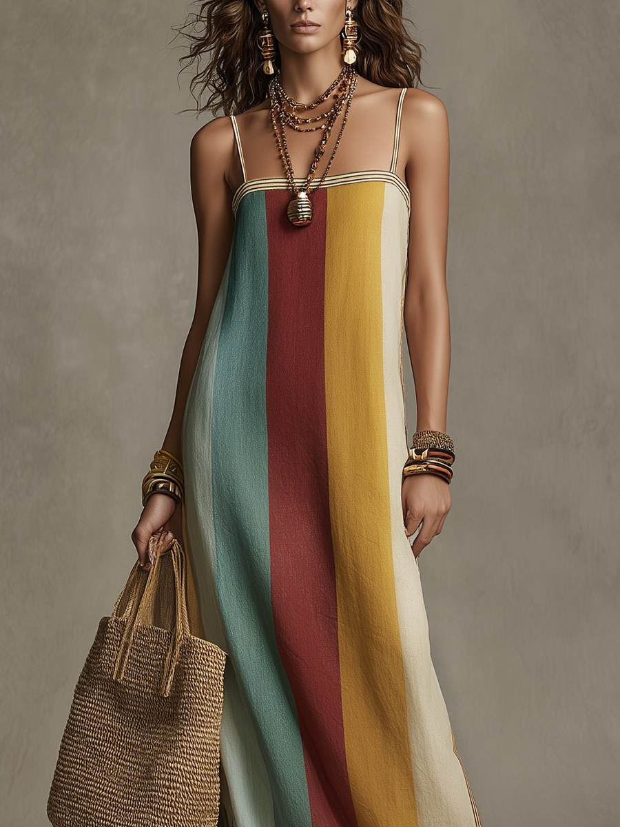 Spaghetti-strap maxi dress with vertical color-block stripes in teal, burgundy, yellow