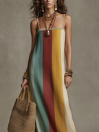 Spaghetti-strap maxi dress with vertical color-block stripes in teal, burgundy, yellow