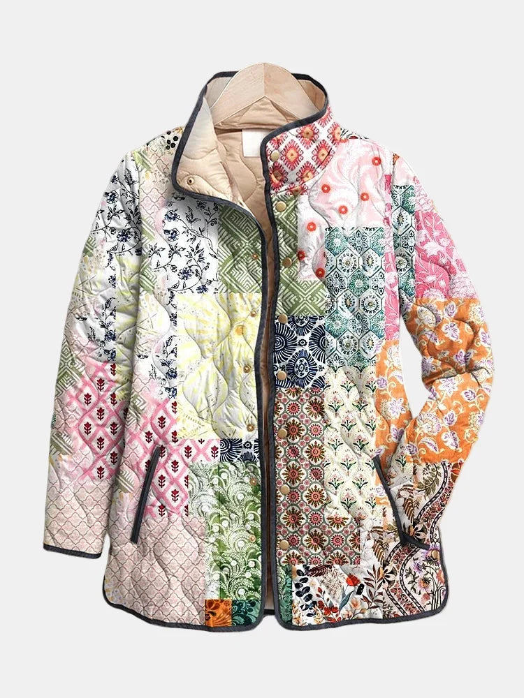 Multicolored quilted jacket with floral patchwork print and front zip