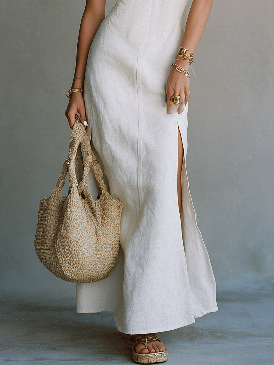 White maxi dress lower half with side slit, woven tote and flat sandal shoes