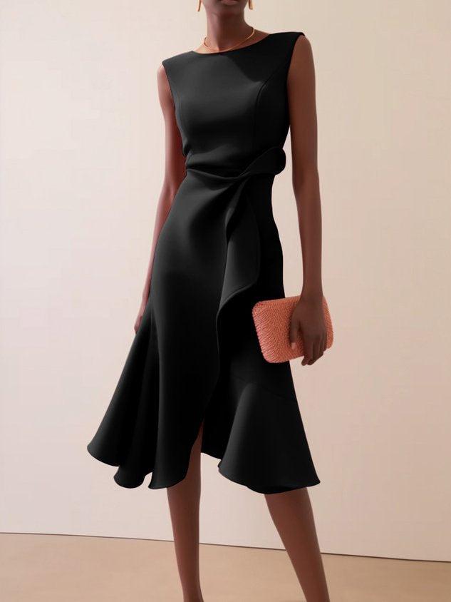 Sleeveless black midi A-line dress with waist twist and flared skirt