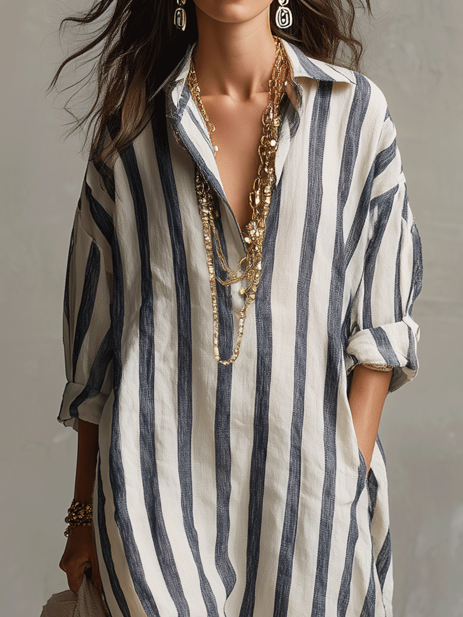 Striped maxi dress with open collar and long sleeves, vertical black-and-white stripes