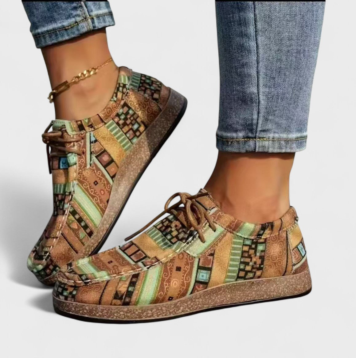 Seryphina™ orthopedic sneakers, tan patchwork upper with laces, side profile, textured sole