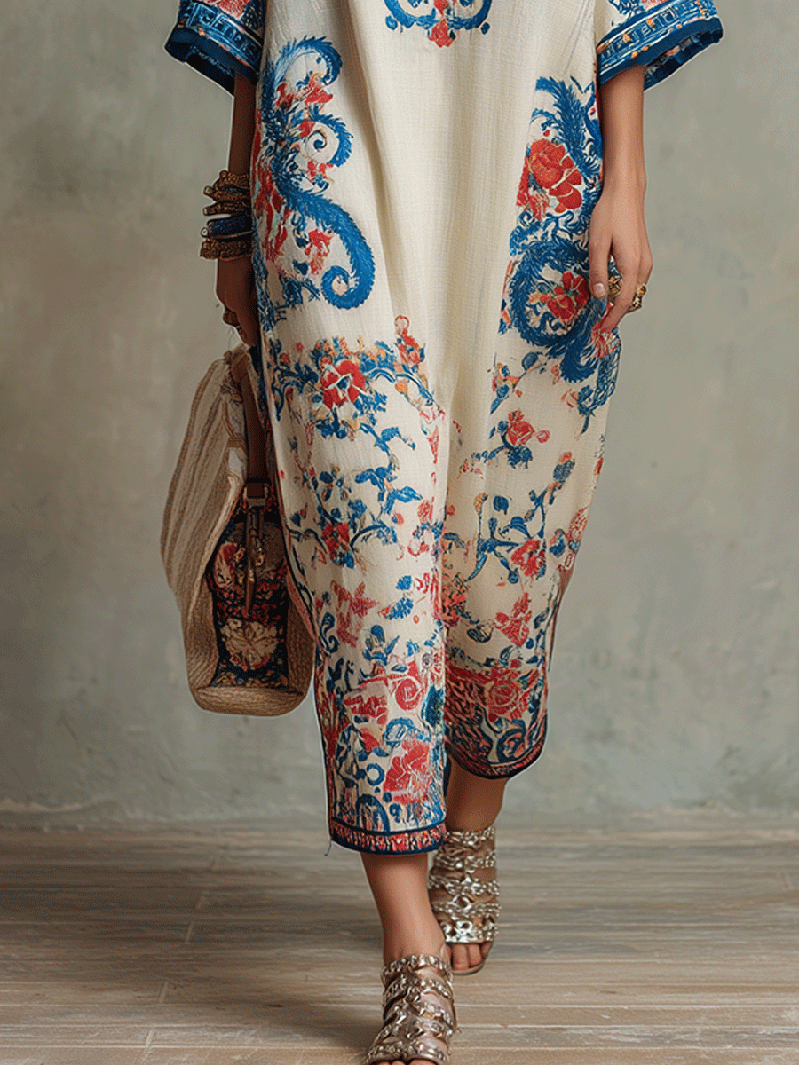 Ivory caftan midi dress with blue and red floral paisley, straight hem and ankle-length