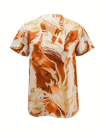 Marble print short sleeve shirt, orange marble pattern on cream, V-neck front