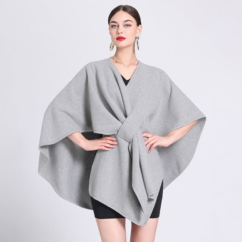Light gray caped fleece shawl with V-neck and waist tie, oversized cape poncho.