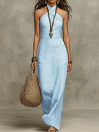 Light blue relaxed linen halter maxi dress with draped halter neckline and column shape