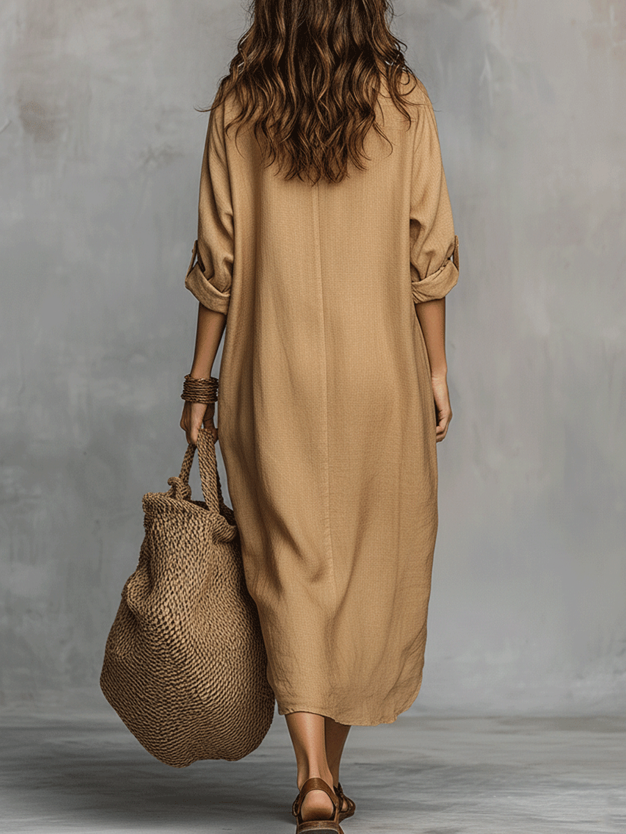 Beige buttoned casual midi dress, back view with loose fit and side slit