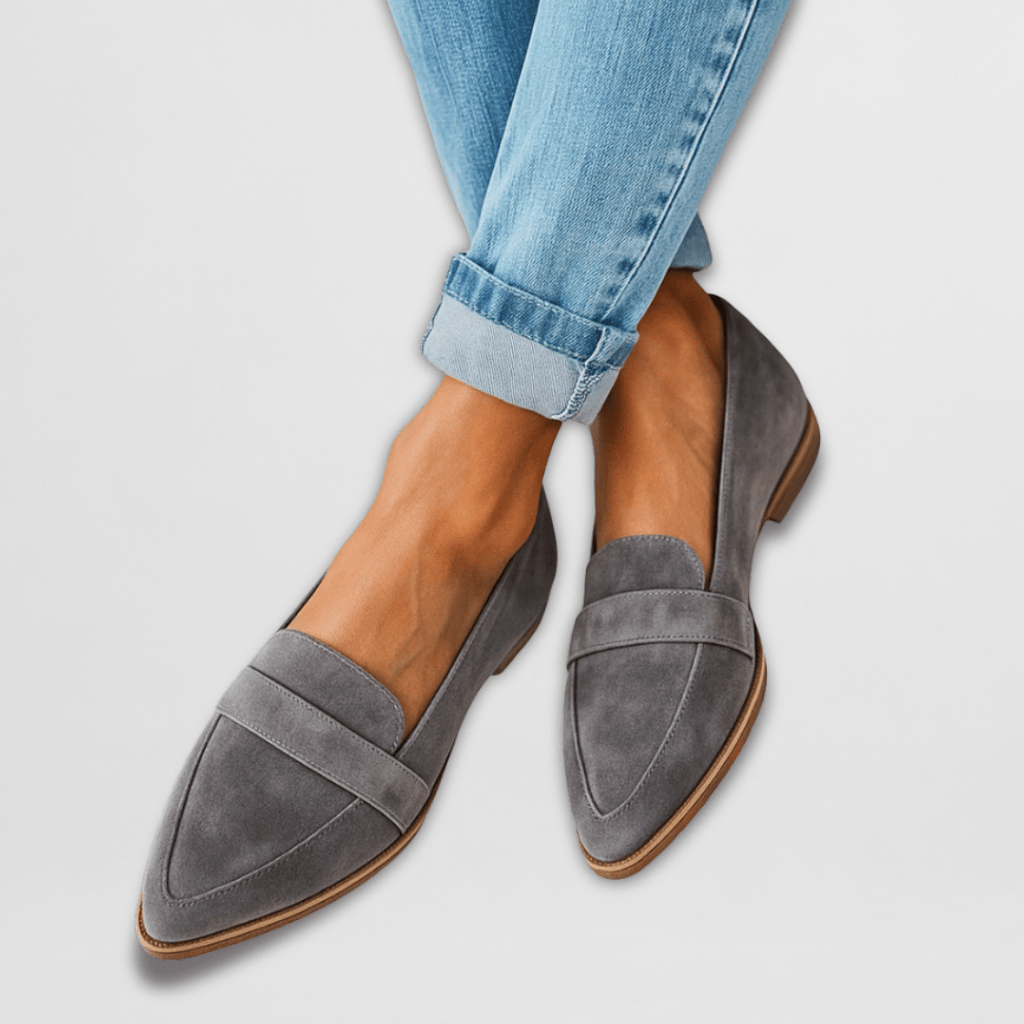 Soft comfort support loafers in gray suede, slip-on with stitched strap detail
