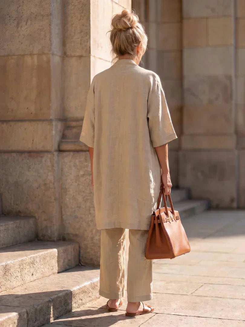 Elegant set with long short-sleeve shirt and wide-leg pants, light tan color