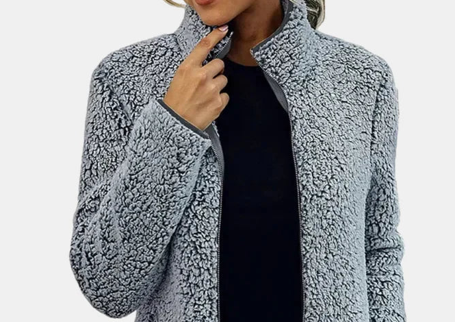 Grey textured teddy jacket close-up, stand collar and zip