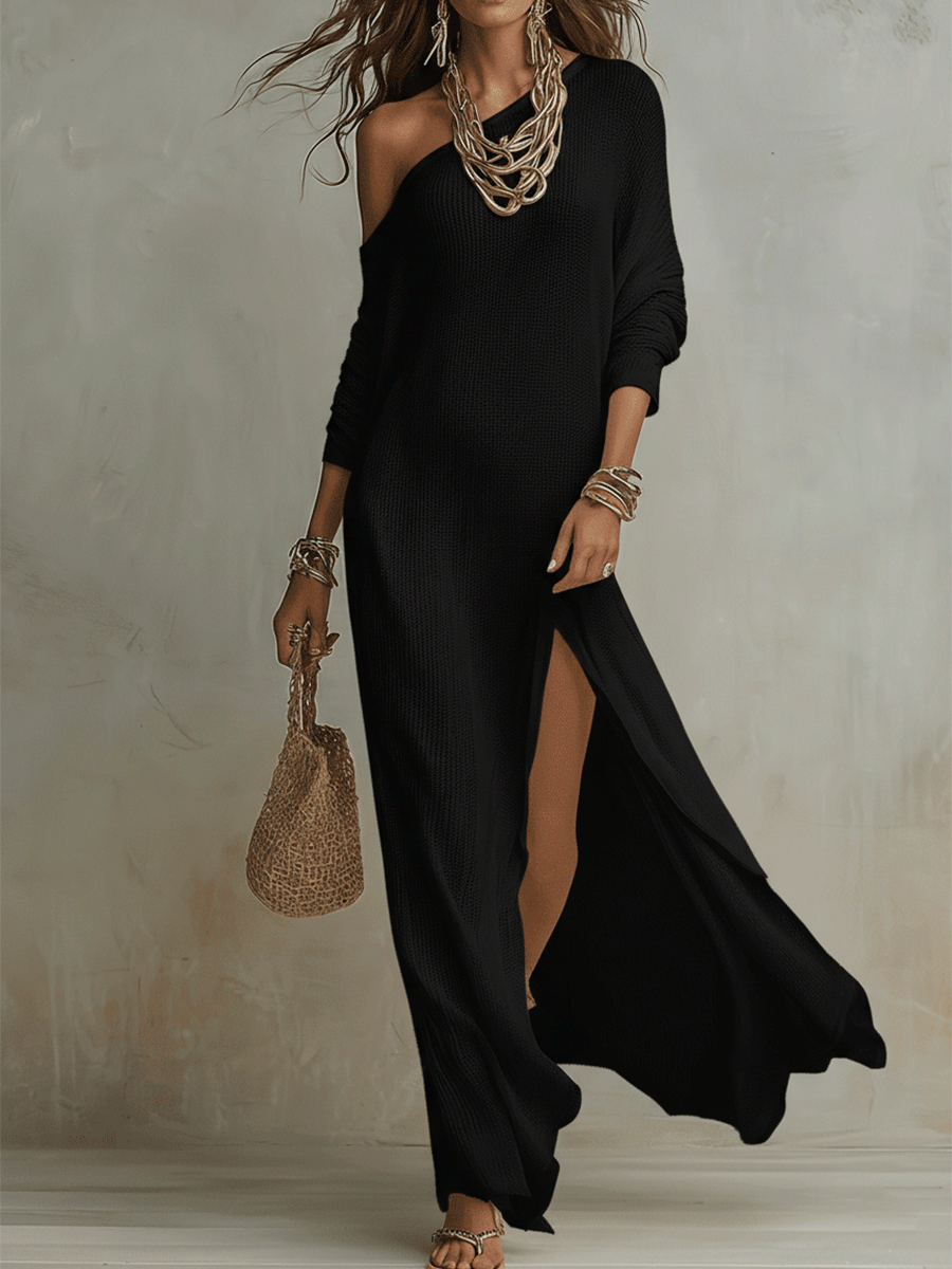 Black one-shoulder textured maxi dress with long sleeves and thigh-high slit