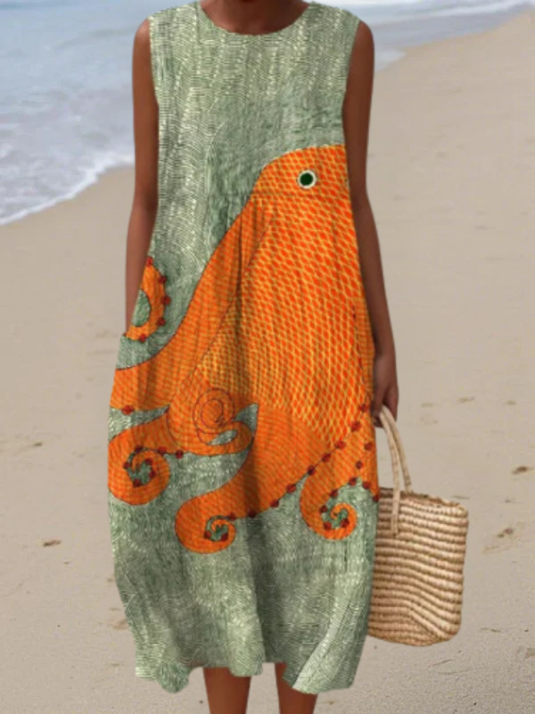 Sleeveless oceanic midi dress with green and orange swirl pattern, round neckline