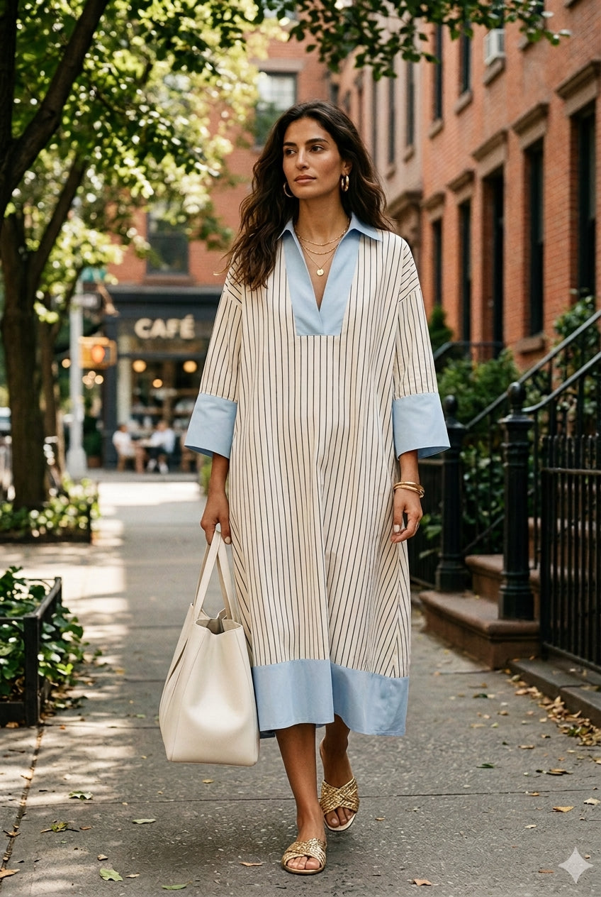 Blue and white vertical striped midi dress with V-neck and three-quarter sleeves