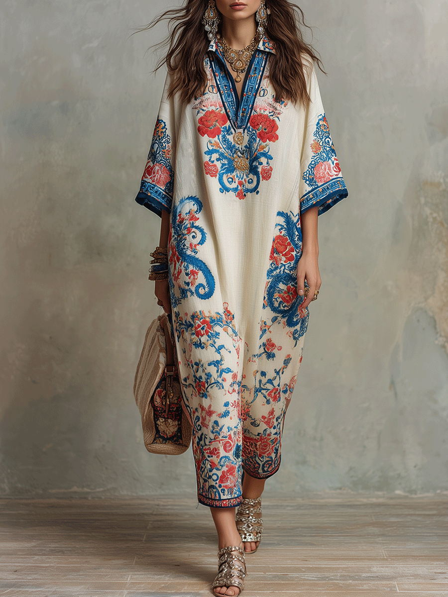 Ivory boho caftan midi dress with blue and red floral paisley, V-neck and loose fit