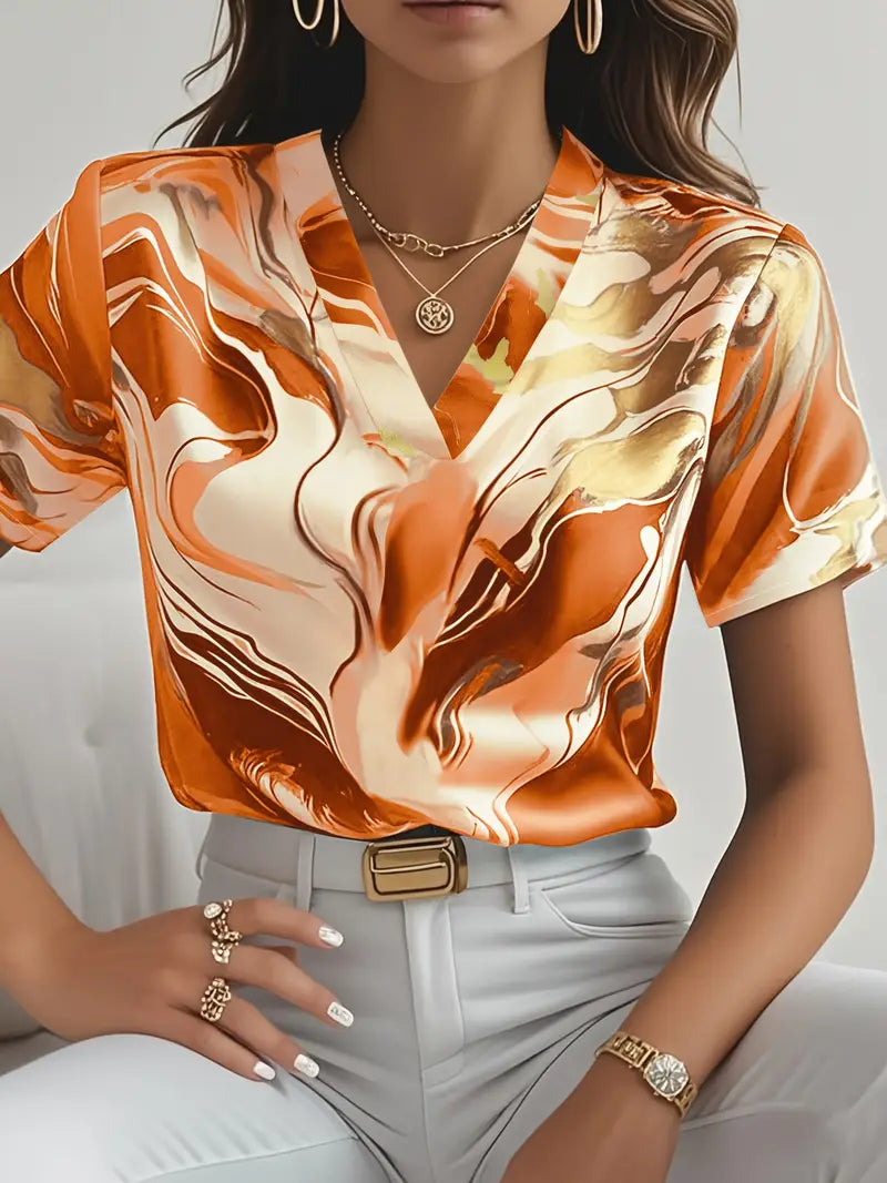 Marble print short sleeve shirt, orange and cream with gold swirls, V-neck