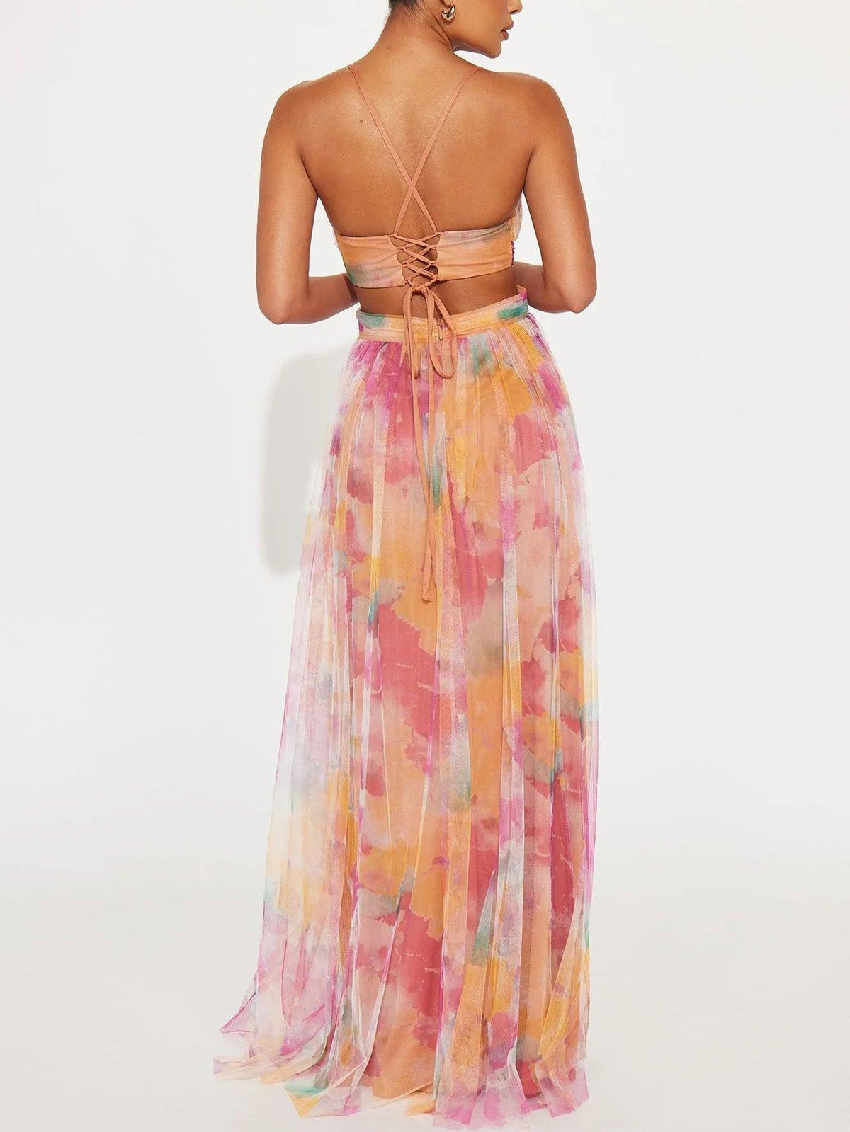Maxi A-line dress with multicolor painted floral print, crisscross open-back straps
