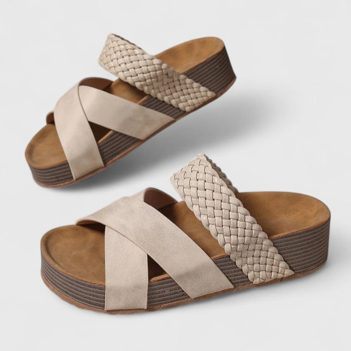 Sand orthopedic sandals with woven cross straps and cushioned platform wedge sole