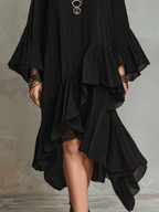 Black boho midi dress hem with asymmetric tiered ruffle layers and airy drape