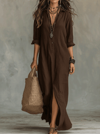 Brown button-front maxi shirt dress with three-quarter sleeves and side slit
