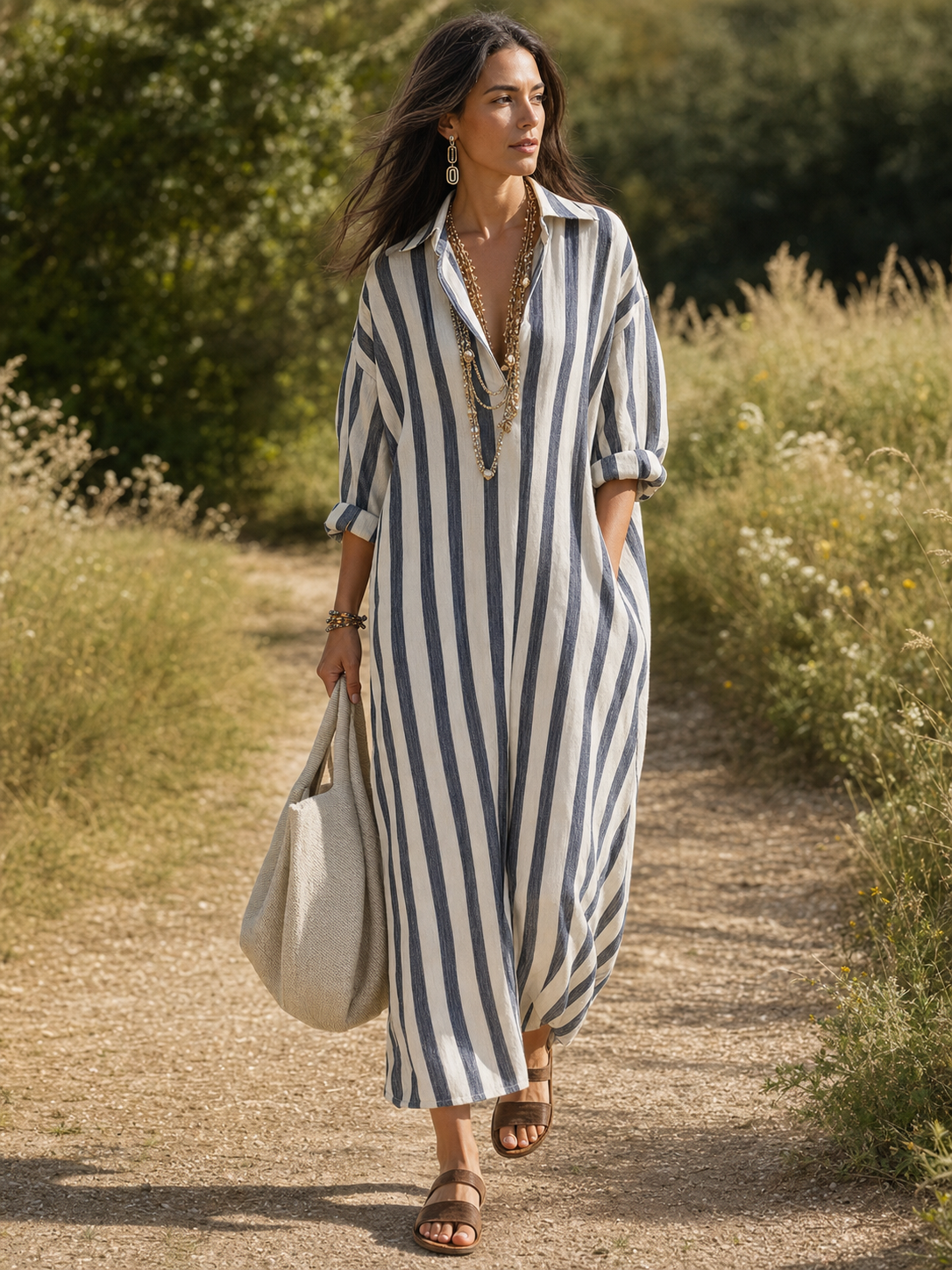 Striped blue-and-off-white maxi shirt dress with V-neck, button-front, relaxed fit