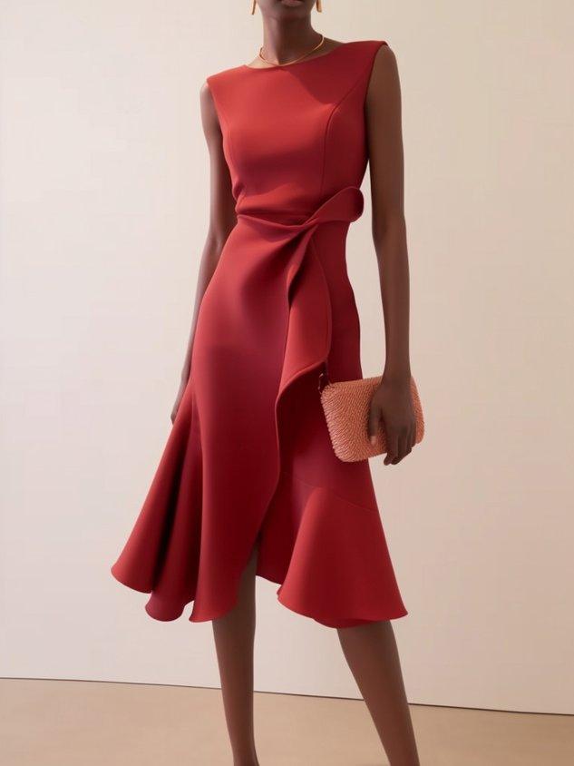 Sleeveless red midi A-line dress with waist twist and flared skirt