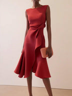 Sleeveless red midi A-line dress with waist twist and flared skirt