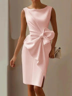 Pink satin sleeveless bow-tie sheath dress with waist knot and side slit