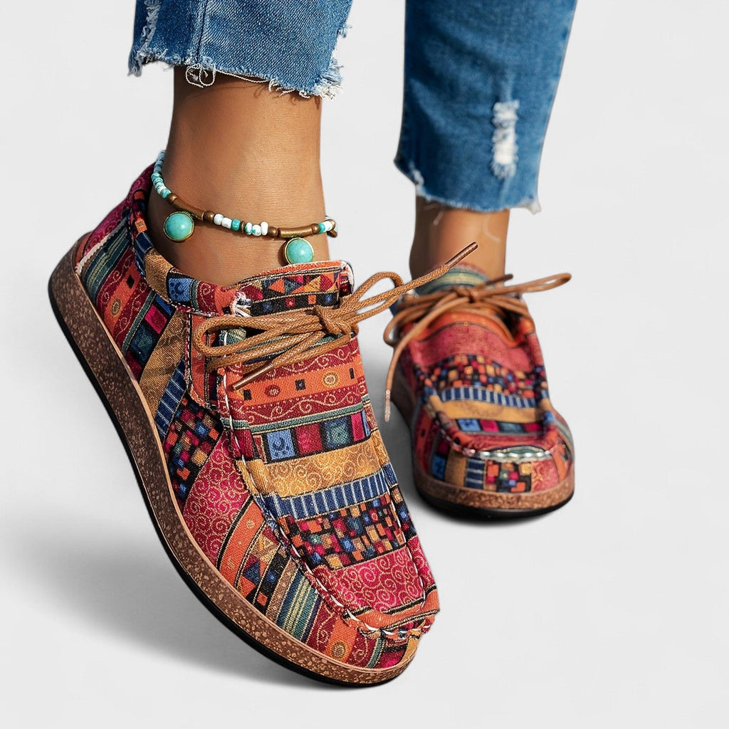 Seryphina™ orthopedic sneakers, multicolor patchwork print, brown lace-up low tops