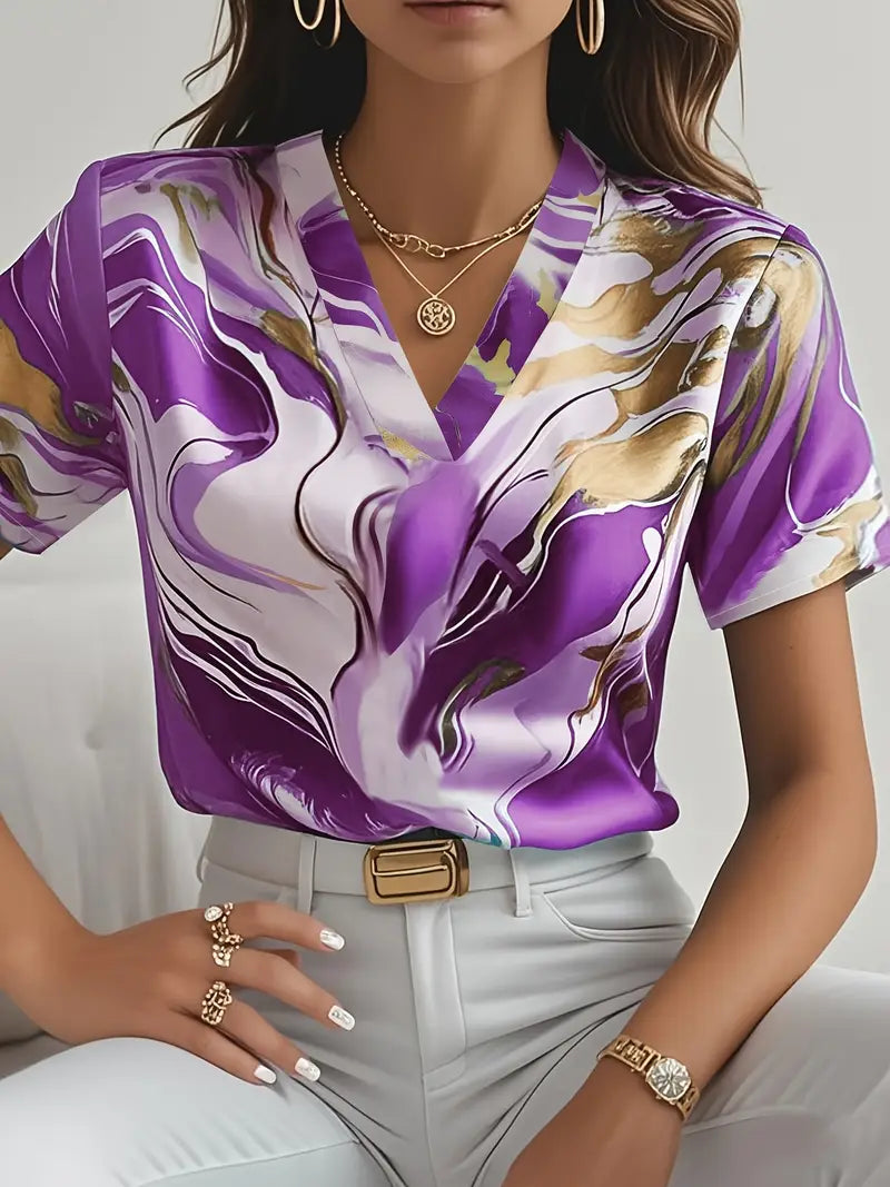 Marble print short sleeve shirt in purple, V-neck with cream and gold swirls
