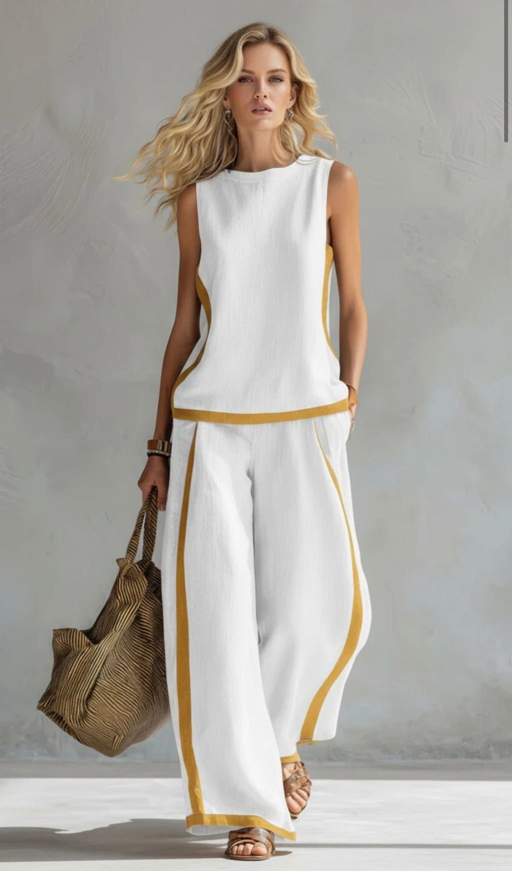 Two-piece set, light blue sleeveless top and wide-leg pants with gold trim