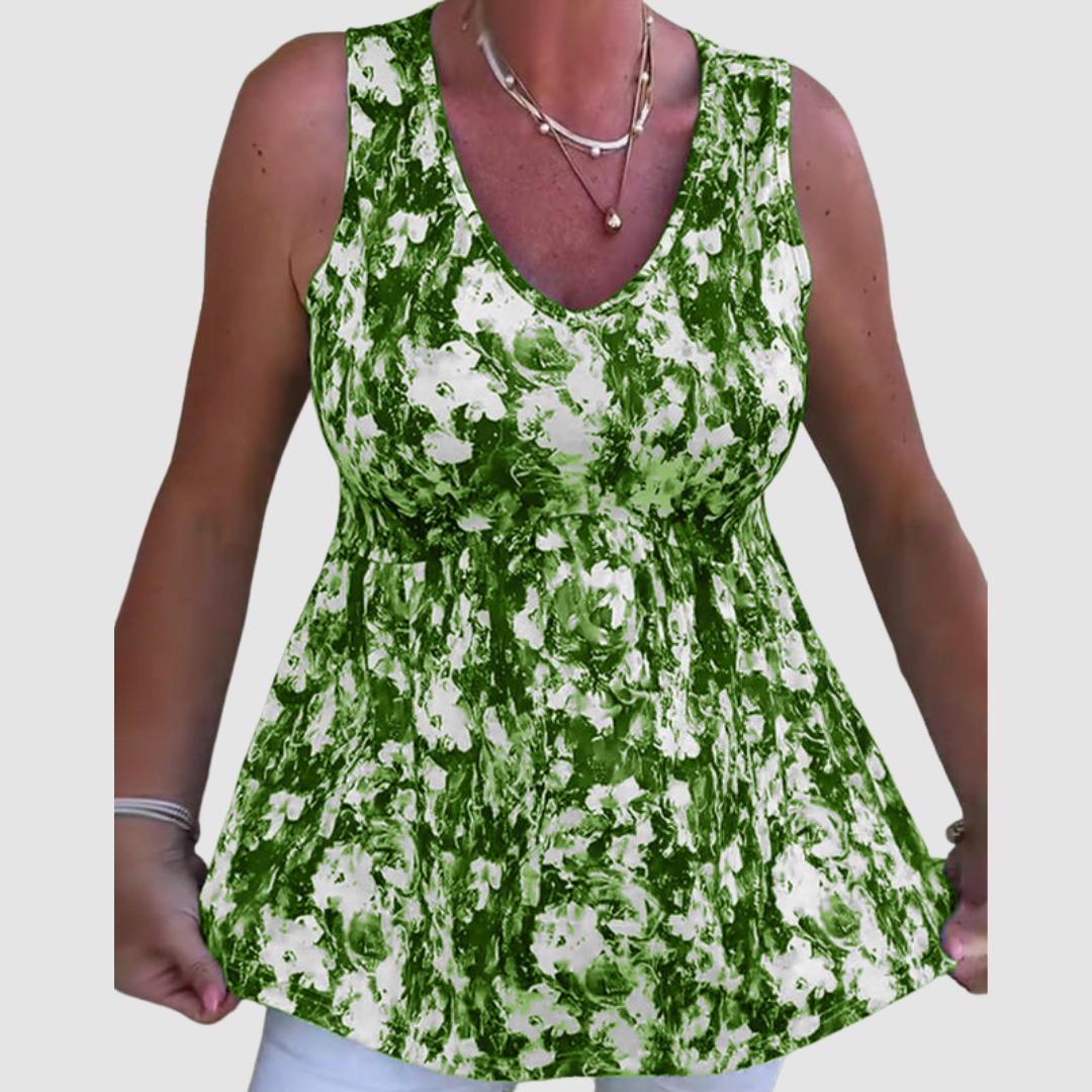 Soft breathable sleeveless top, green-and-white abstract print, V-neck, ruched waist