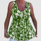 Soft breathable sleeveless top, green-and-white abstract print, V-neck, ruched waist