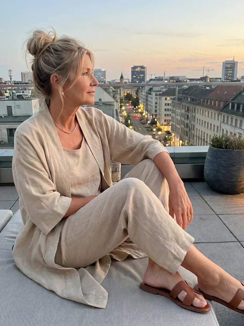 Elegant set with long short-sleeve shirt and wide-leg pants, light beige