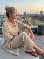 Elegant set with long short-sleeve shirt and wide-leg pants, light beige