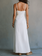 White strappy maxi dress back view, slim straps, long straight skirt