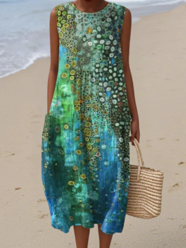 Sleeveless multicolor midi dress with circular floral print, loose fit